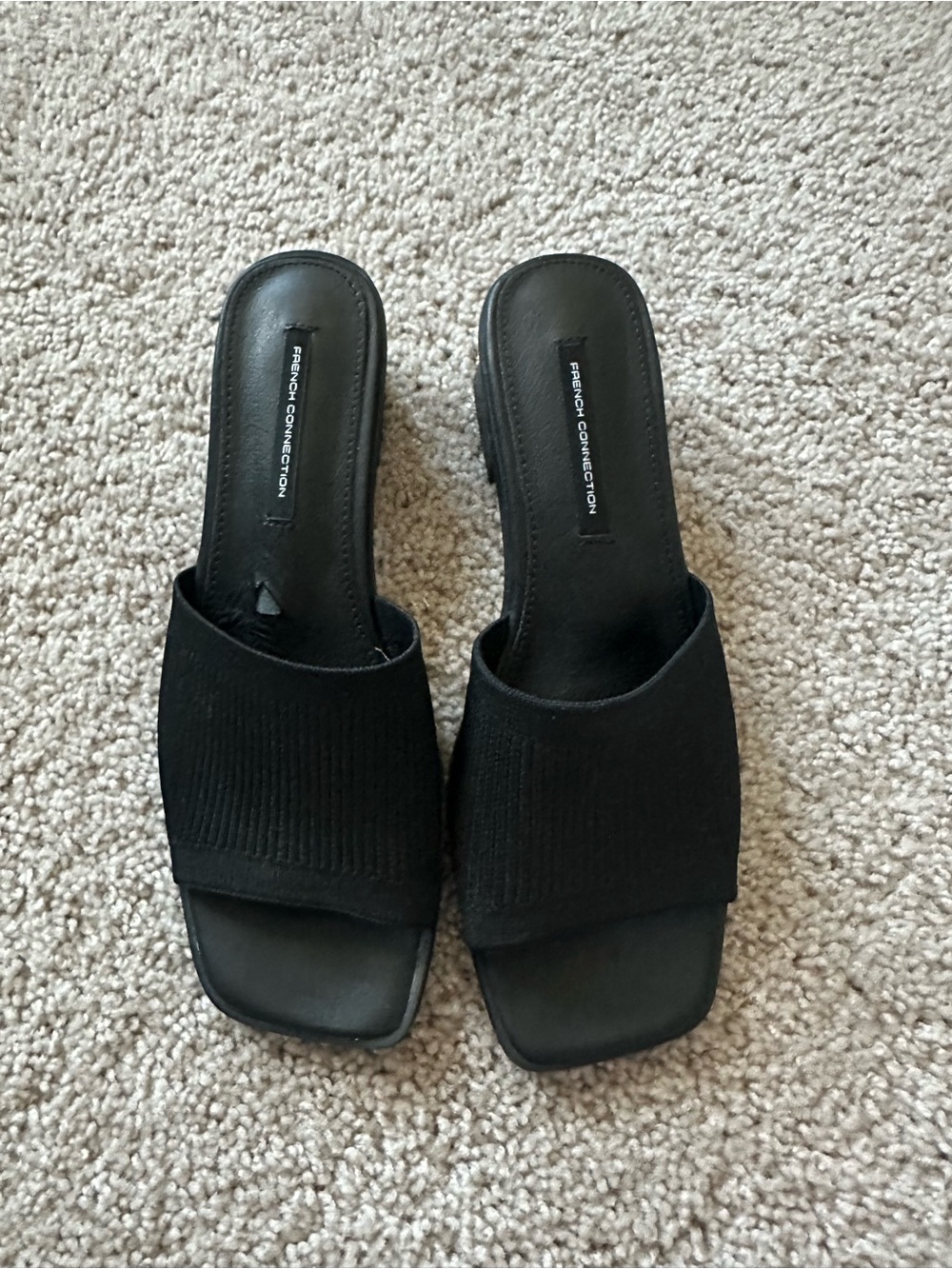 French Connection Black Ribbed Square-Toe Slide Mules
